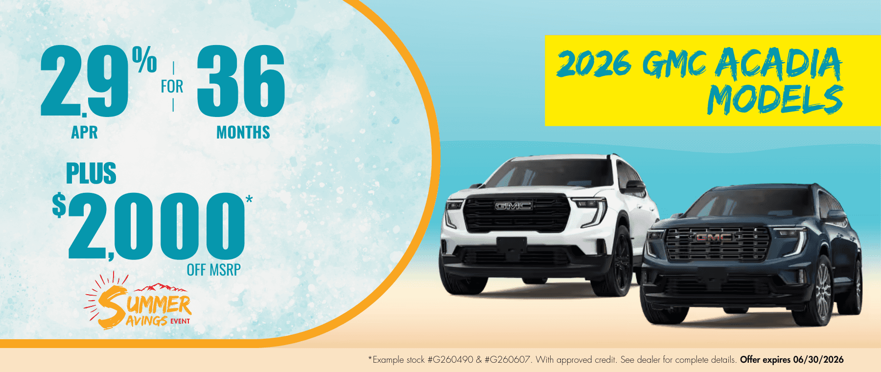 2026 GMC Acadia models website banner for Transwest GMC’s Summer Savings Event. Promotional banner highlights 2.9% APR for 36 months plus $2,000 off MSRP.