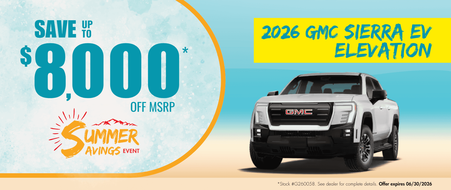2026 GMC Sierra EV Elevation website banner for Transwest GMC’s Summer Savings Event. Promotional banner highlights up to $8,000 off MSRP.