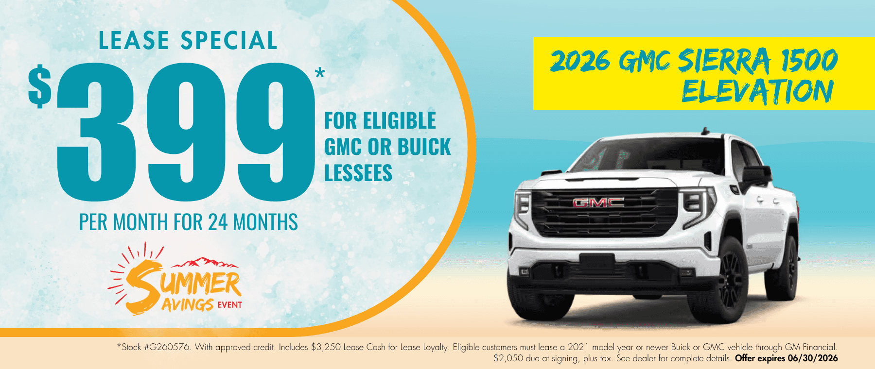 2026 GMC Sierra 1500 Elevation lease special website banner for Transwest GMC’s Summer Savings Event. Promotional banner highlights $399 per month for 24 months for eligible GMC or Buick lessees.