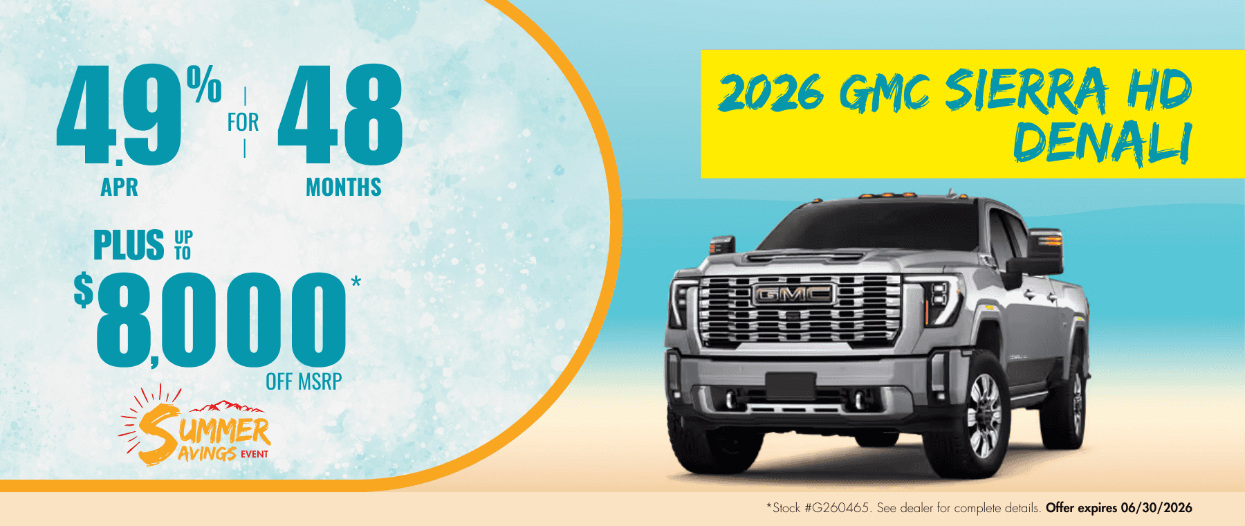 2026 GMC Sierra HD Denali website banner for Transwest GMC’s Summer Savings Event. Promotional banner highlights 4.9% APR for 48 months plus up to $8,000 off MSRP.