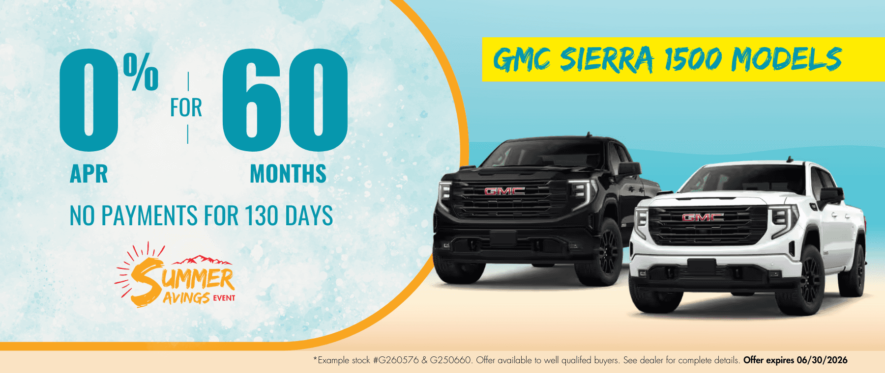 GMC Sierra 1500 models website banner for Transwest GMC’s Summer Savings Event. Promotional banner highlights 0% APR for 60 months with no payments for 130 days.