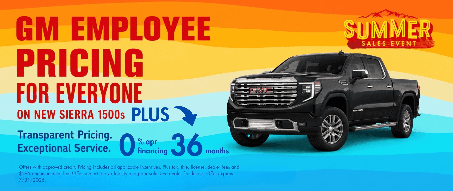 Sierra 1500 Employee Pricing website banner for Transwest GMC’s Summer Sales Event. Promotional banner highlights Employee Pricing for everyone, plus 0% APR for 36 months.