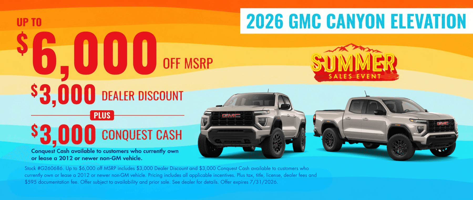 2026 GMC Canyon Elevation website banner for Transwest GMC’s Summer Sales Event. Promotional banner highlights up to $6,000 off MSRP and $3,000 Dealer Discount, plus $3,000 Conquest Cash available to customers who currently own or lease a 2012 or newer non-GM vehicle.