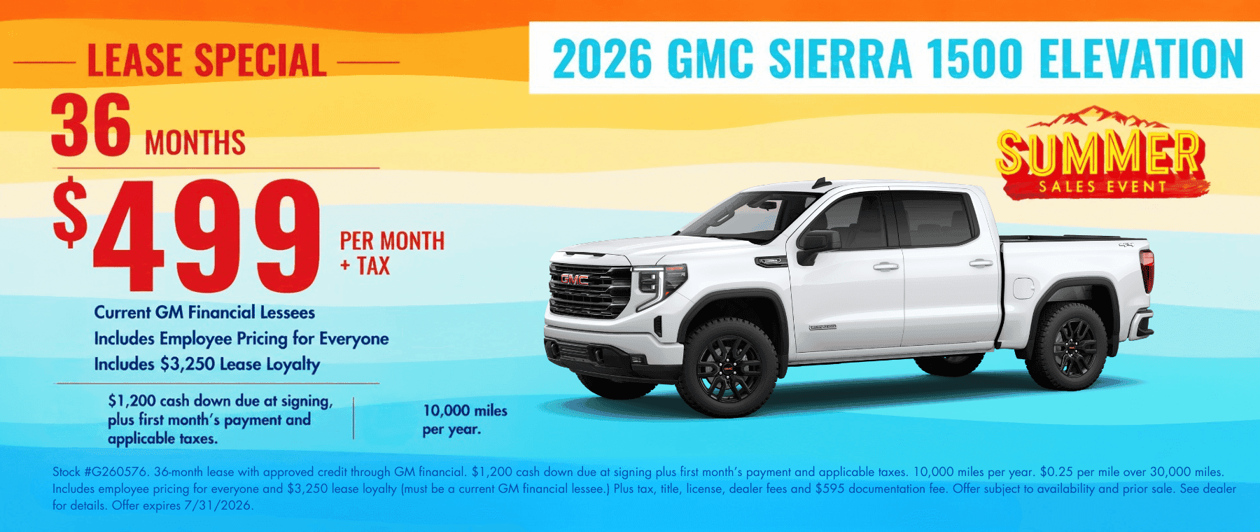 2026 GMC Sierra 1500 Elevation lease special website banner for Transwest GMC’s Summer Sales Event. Promotional banner highlights $499 per month for 36 months for current GM financial lessees for 10,000 miles per year. Offer includes $3,250 Lease Loyalty and Employee Pricing.