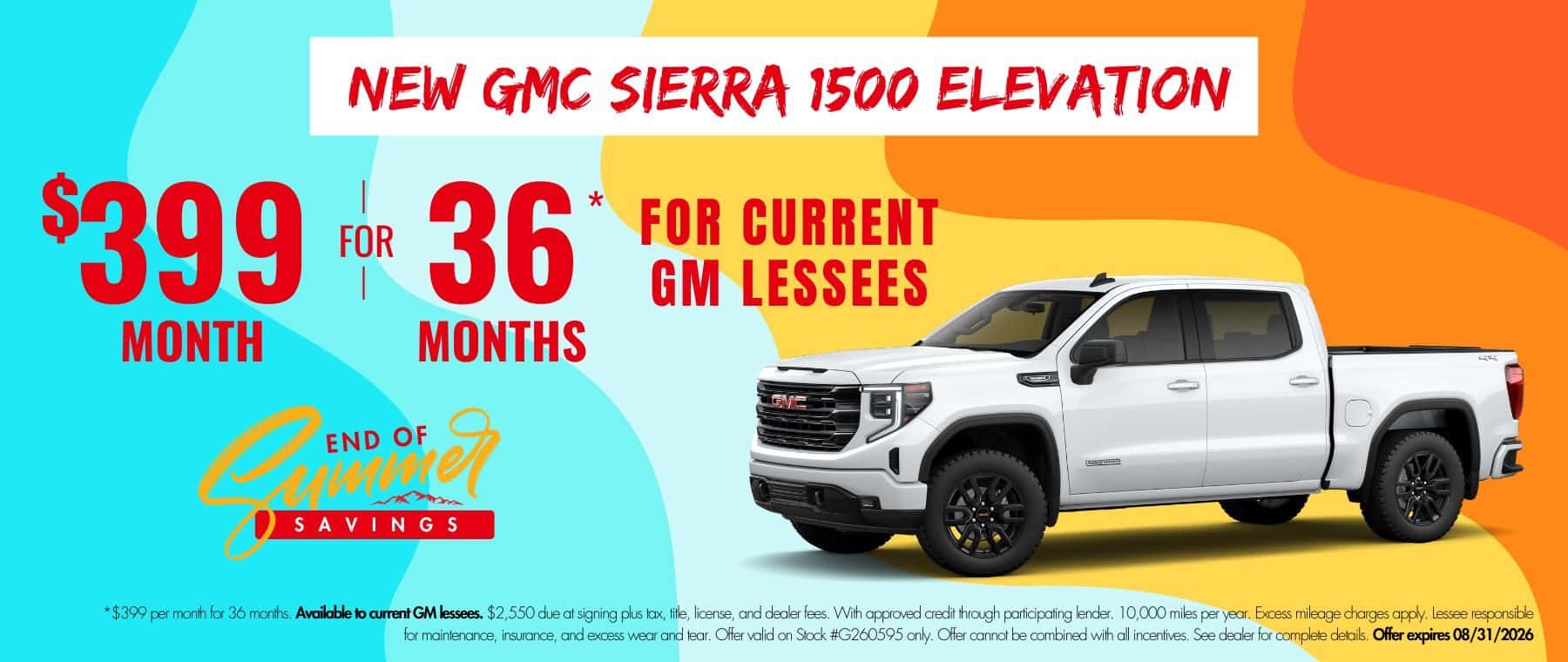 GMC Sierra 1500 Elevation website banner for Transwest GMC’s End of Summer Savings Event. Promotional banner highlights $399 per month for 36 months for current GM lessees.