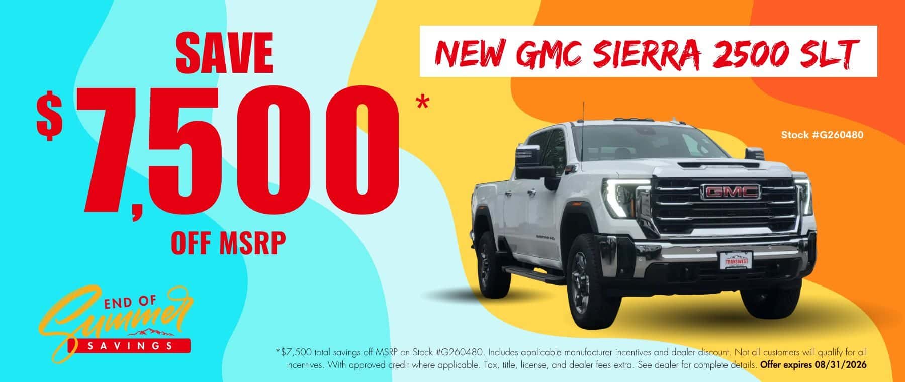 GMC Sierra 2500 SLT website banner for Transwest GMC’s End of Summer Savings Event. Promotional banner highlights up to $7,500 off MSRP.