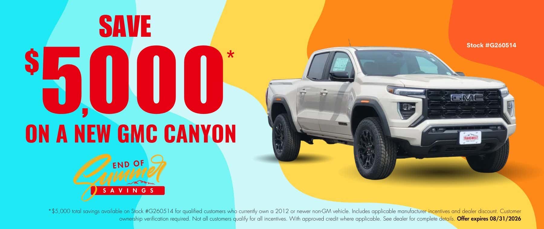 GMC Canyon website banner for Transwest GMC’s End of Summer Savings Event. Promotional banner highlights up to $5,000 off MSRP.
