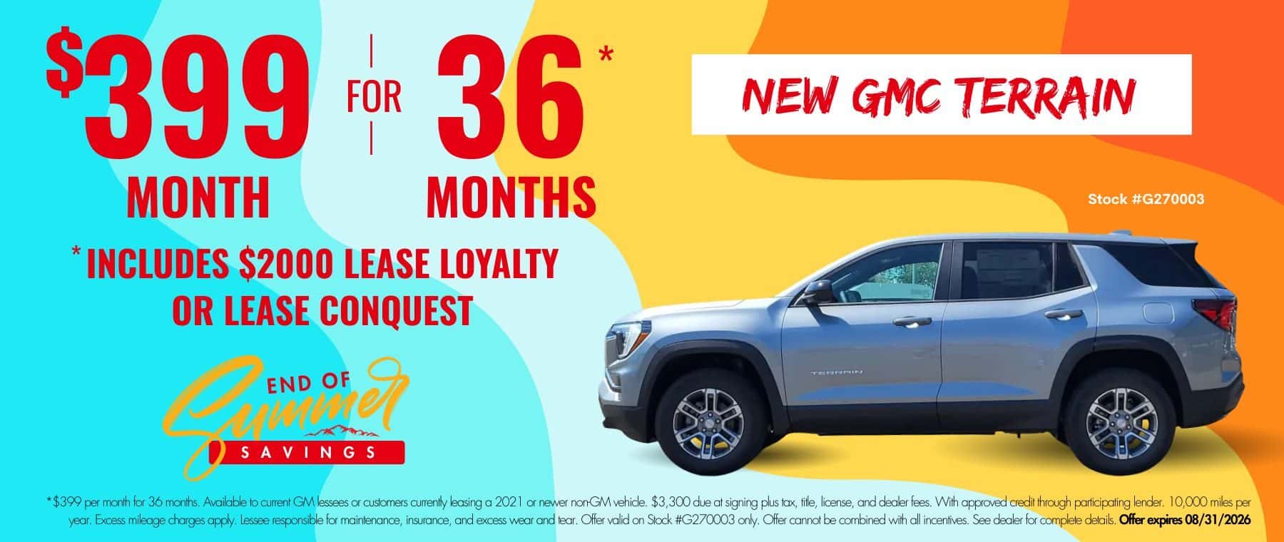 GMC Terrain website banner for Transwest GMC’s End of Summer Savings Event. Promotional banner highlights $399 per month for 36 months, including a $2,000 Lease Loyalty or Lease Conquest.