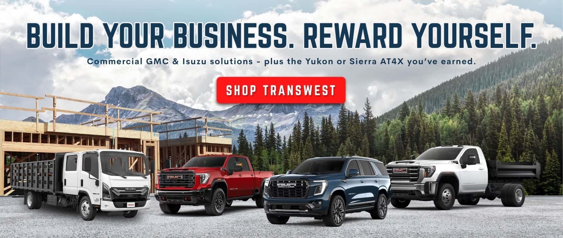 Transwest GMC website banner. Promotional banner highlights work trucks and vans for sale in Henderson, CO.