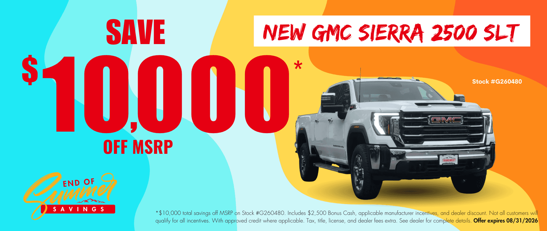 GMC Sierra 2500 SLT website banner for Transwest GMC’s End of Summer Savings Event. Promotional banner highlights up to $10,000 off MSRP.