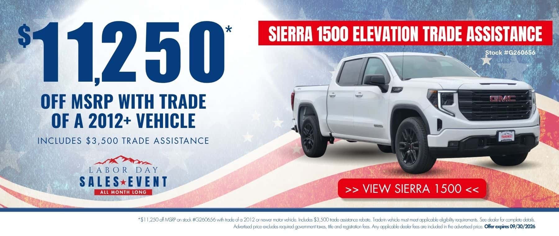 Sierra 1500 Elevation Trade Assistance website banner for Transwest GMC’s Labor Day Sales Event. Promotional banner highlights up to $11,250 off MSRP with trade of a 2012+ vehicle. Includes $3,500 Trade Assistance.