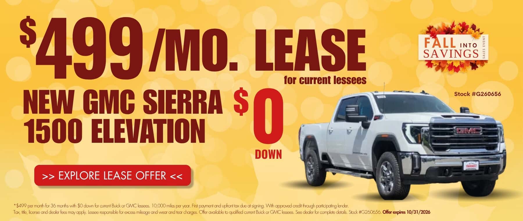Sierra 1500 Elevation website banner for Transwest GMC’s Fall Into Savings Sales Event. Promotional banner highlights $499 per month lease for current lessees with $0 down.