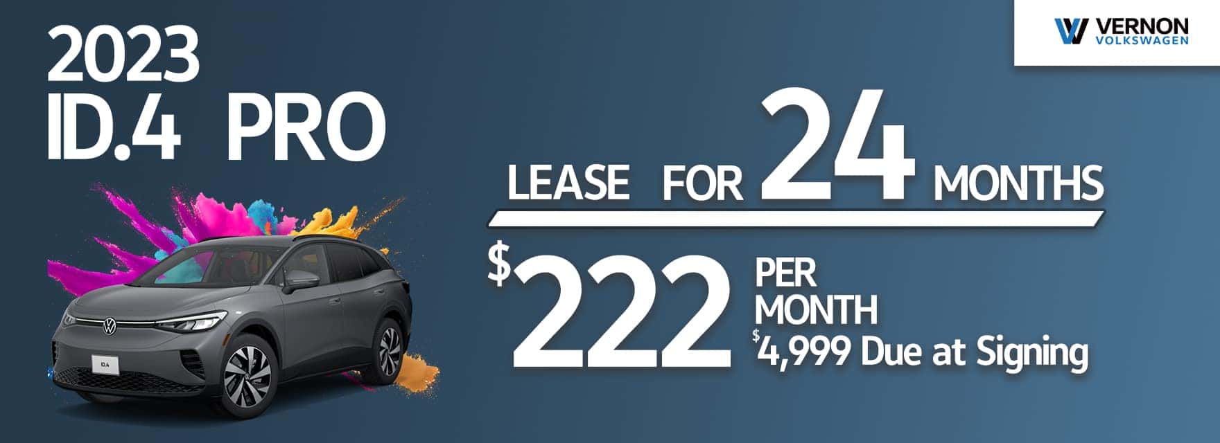 Lease a 2023 ID4 Pro for 24 Month at 222 per month with 4999 down plus tax, MV, and dealer fees. After All rebates. Contact Dealer For Complete Details