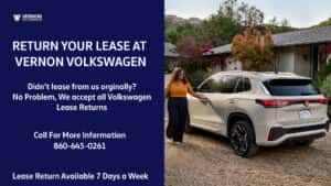 Return your lease at Vernon Volkswagen. Didn't lease from us? no worries, Vernon Volkswagen will take back all Volkswagen Leases. Call 860-645-0261 for more information.