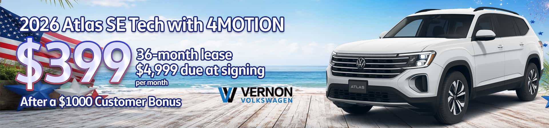 Lease a 2026 Atlas SE with Tech for 399 per month with 4999 due at signing after a 1000 dollar customer rebate
