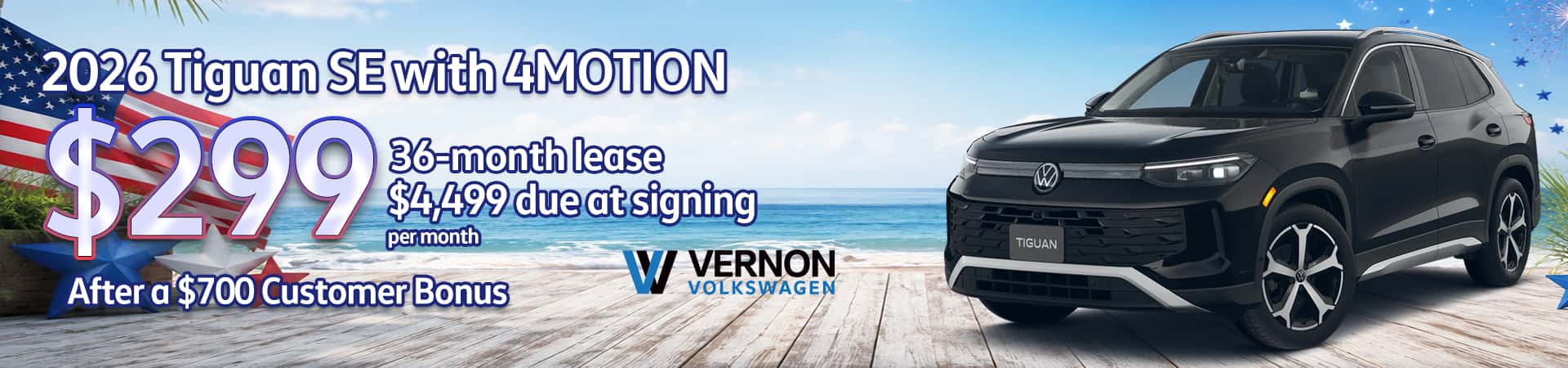 2026 Tiguan Se 4Motion. Lease for 299 per month for 36 months with 4499 dues at singing after a 700 dollars rebate. See dealer for complete details. Image of a Tiguan SE 2026 sitting on a beach with text floating to the left of the image.