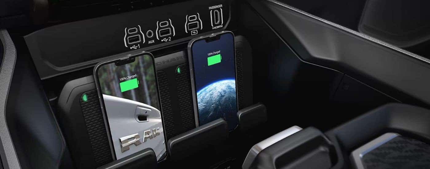 Close-up of the wireless charging pad in a 2025 Ram 1500.
