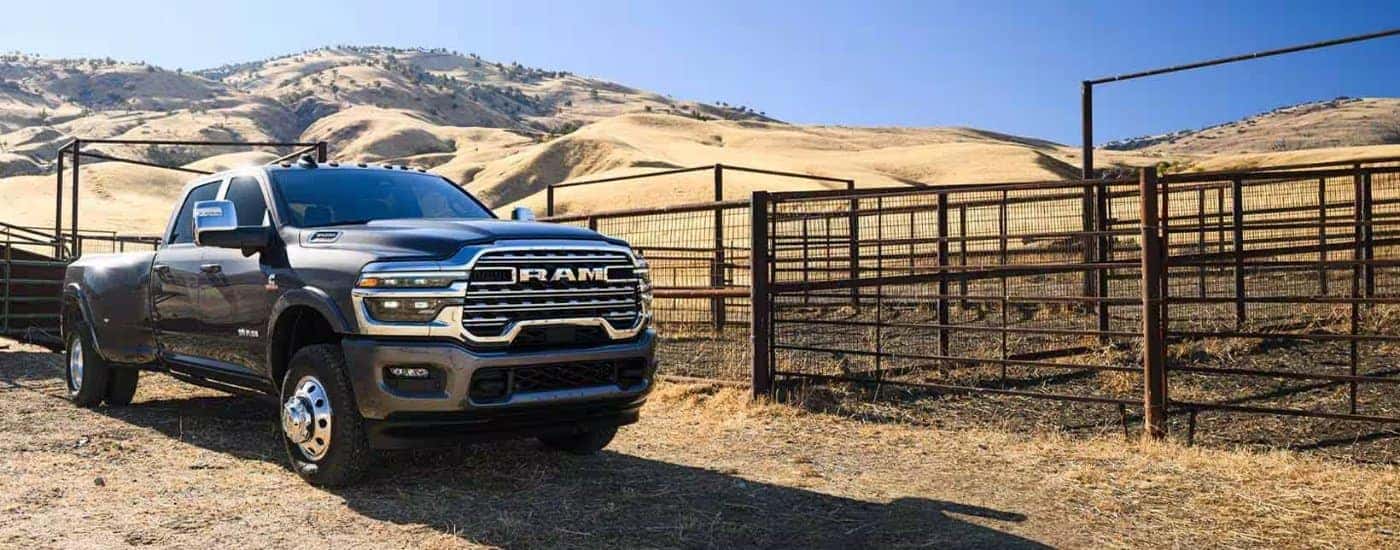 A grey 2025 Ram 3500 from the front at an angle.