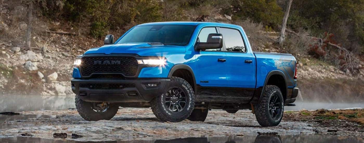 A blue 2025 Ram 1500 Rebel after leaving a Ram dealer near you.
