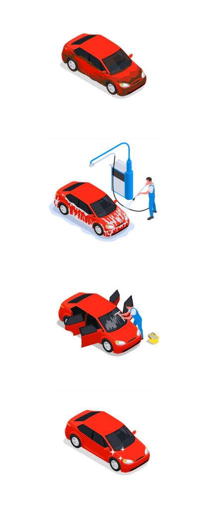 Tips for spring cleaning your car at Washington Honda in Washington, PA | Illustrations of a dirty red car being washed and cleaned like brand new